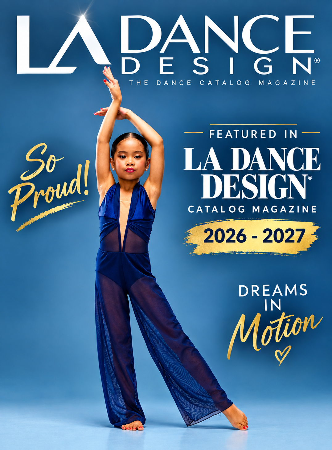 Pichara Luong featured on the cover of LA Dance Design Catalog Magazine 2026-2027, posing in a navy blue mesh dance costume